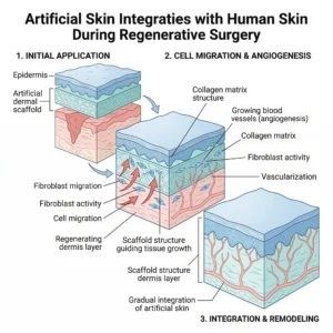 Medical infographic showing how artificial skin integrates with human skin layers during regenerative surgery, including epidermis, dermal scaffold, collagen matrix, fibroblast activity, and growing blood vessels.