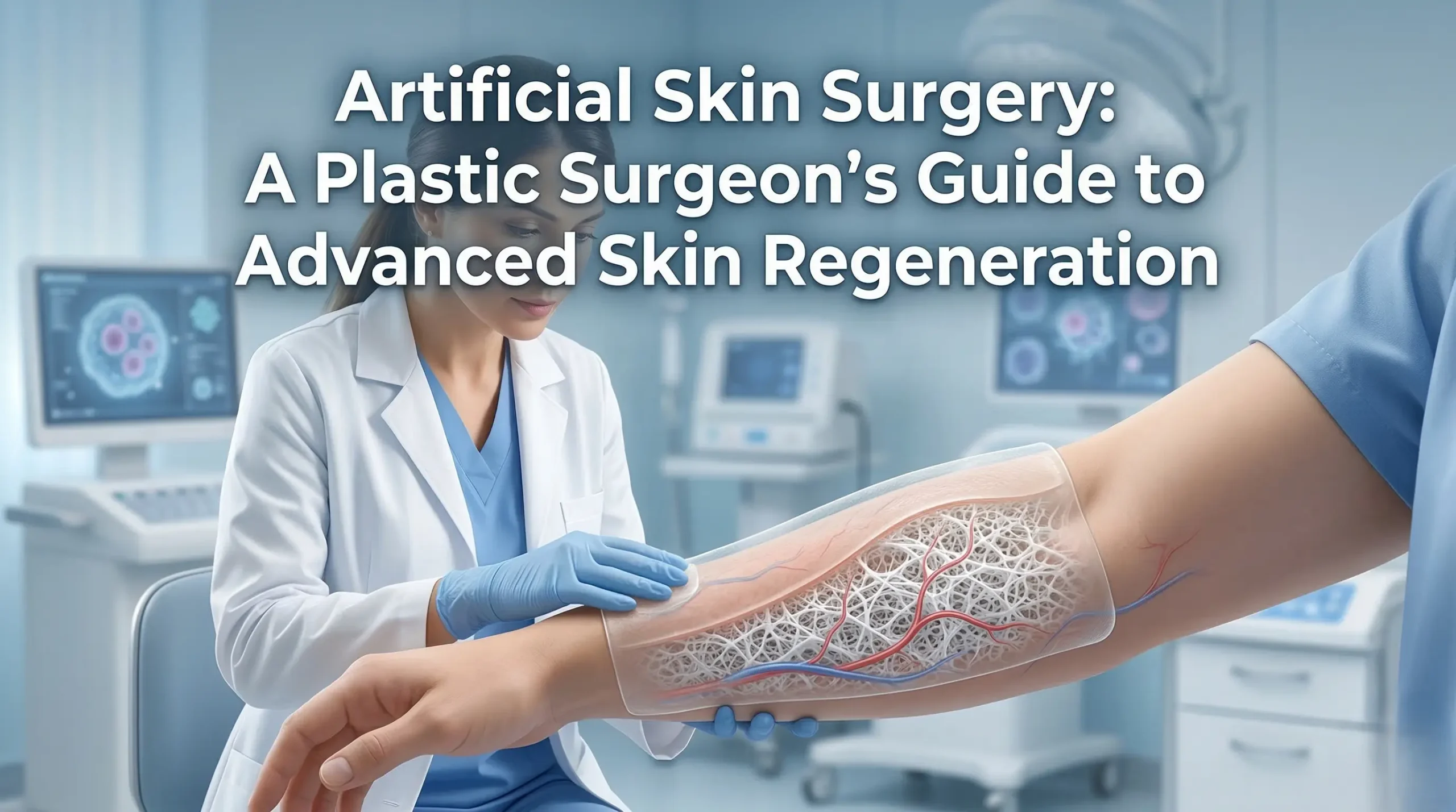 Artificial skin surgery showing bioengineered skin regeneration used by plastic surgeons for burn and wound reconstruction