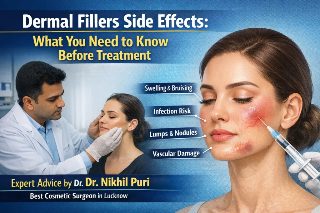 Dermal fillers side effects including swelling, bruising, infection and vascular risks explained by best cosmetic surgeon in Lucknow Dr Nikhil Puri