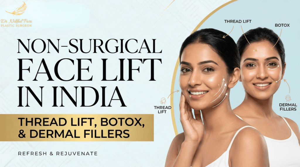 Non surgical face lift treatment in India showing thread lift, botox injections and dermal fillers for facial rejuvenation