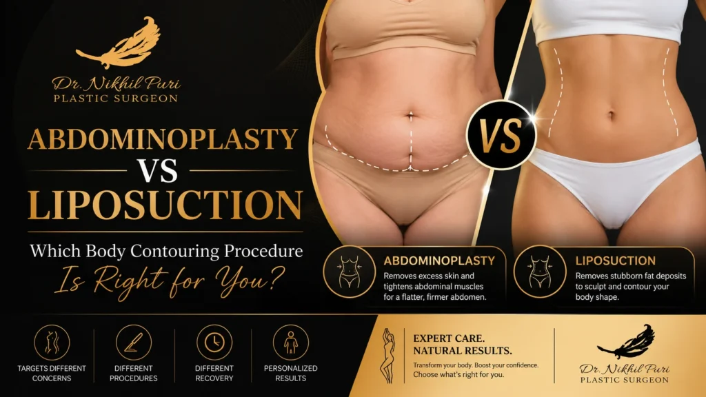 Abdominoplasty vs Liposuction comparison infographic by Dr. Nikhil Puri, Best Plastic & Cosmetic Surgeon in Lucknow, showing tummy tuck for excess skin and muscle repair versus liposuction for stubborn fat removal and body contouring.