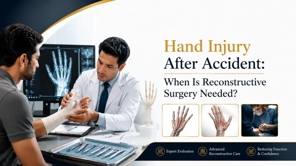 This image shows a plastic surgeon assessing a patient with a hand injury following an accident. Using X-ray imaging and clinical evaluation, the surgeon determines whether reconstructive hand surgery is necessary to restore hand function, mobility, and appearance.