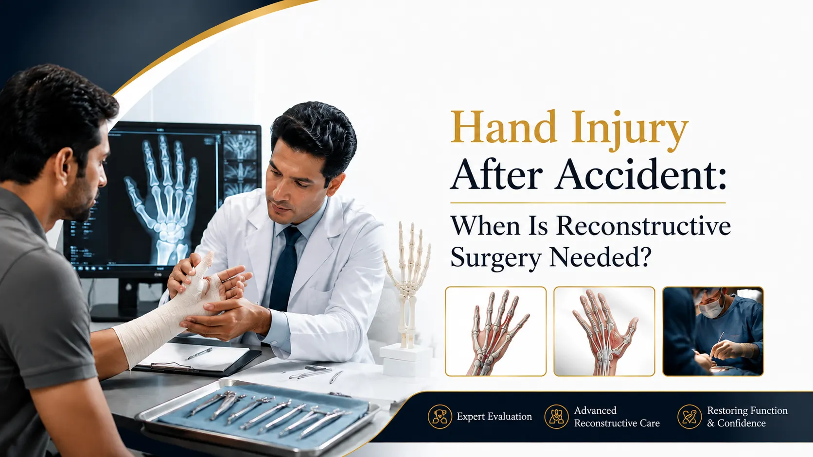 This image shows a plastic surgeon assessing a patient with a hand injury following an accident. Using X-ray imaging and clinical evaluation, the surgeon determines whether reconstructive hand surgery is necessary to restore hand function, mobility, and appearance.