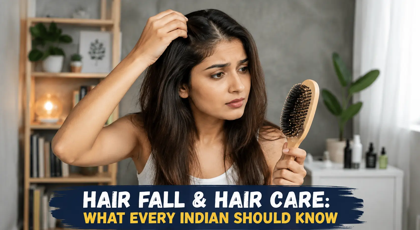 Indian woman experiencing hair fall and checking her hair with a comb for hair care concerns